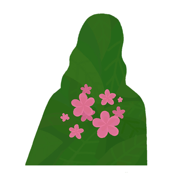 An illustration in the shape of a woman that is green with pink flowers.