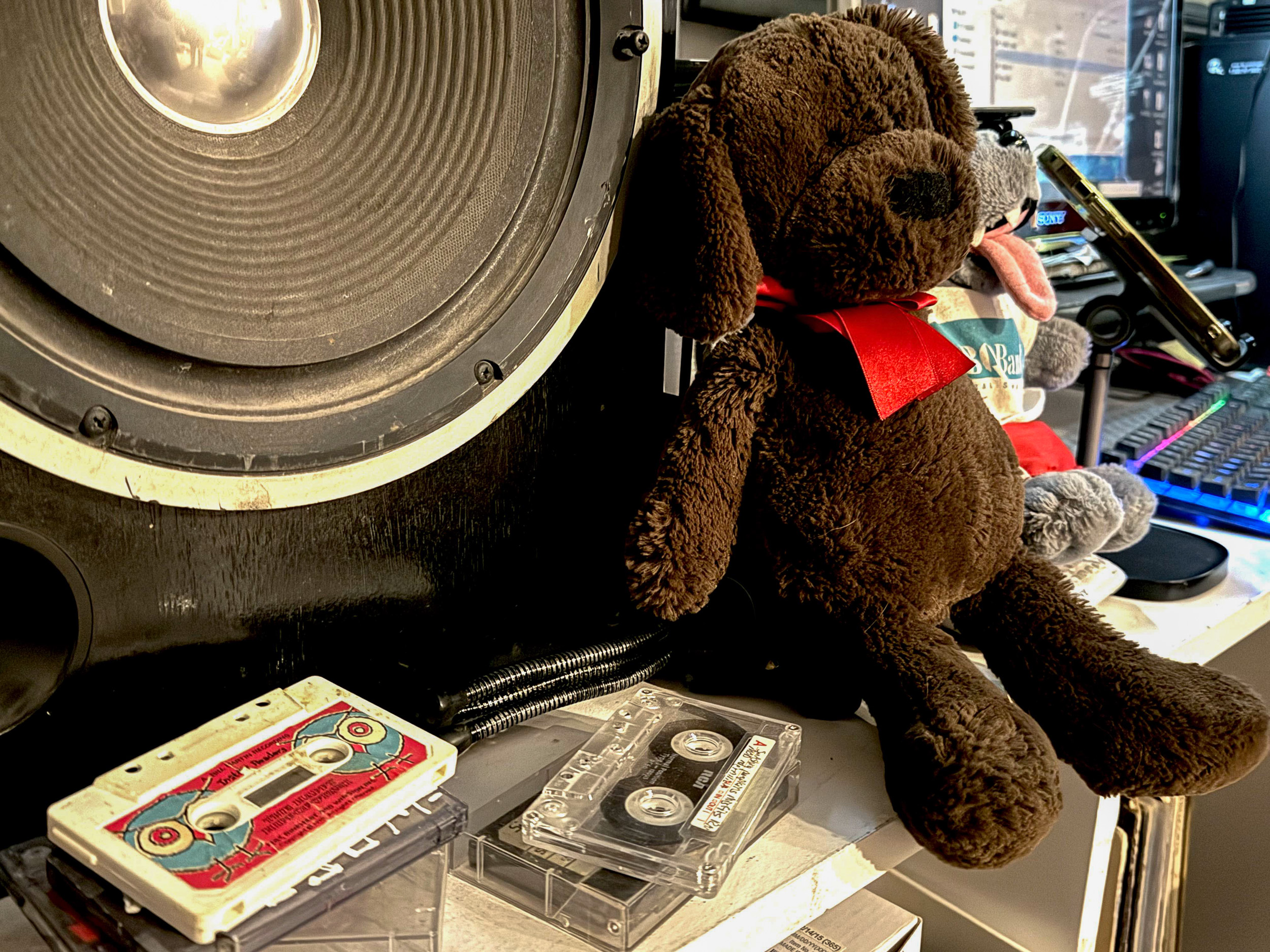 A stuffed brown bear sits on desk next to cassette tapes.