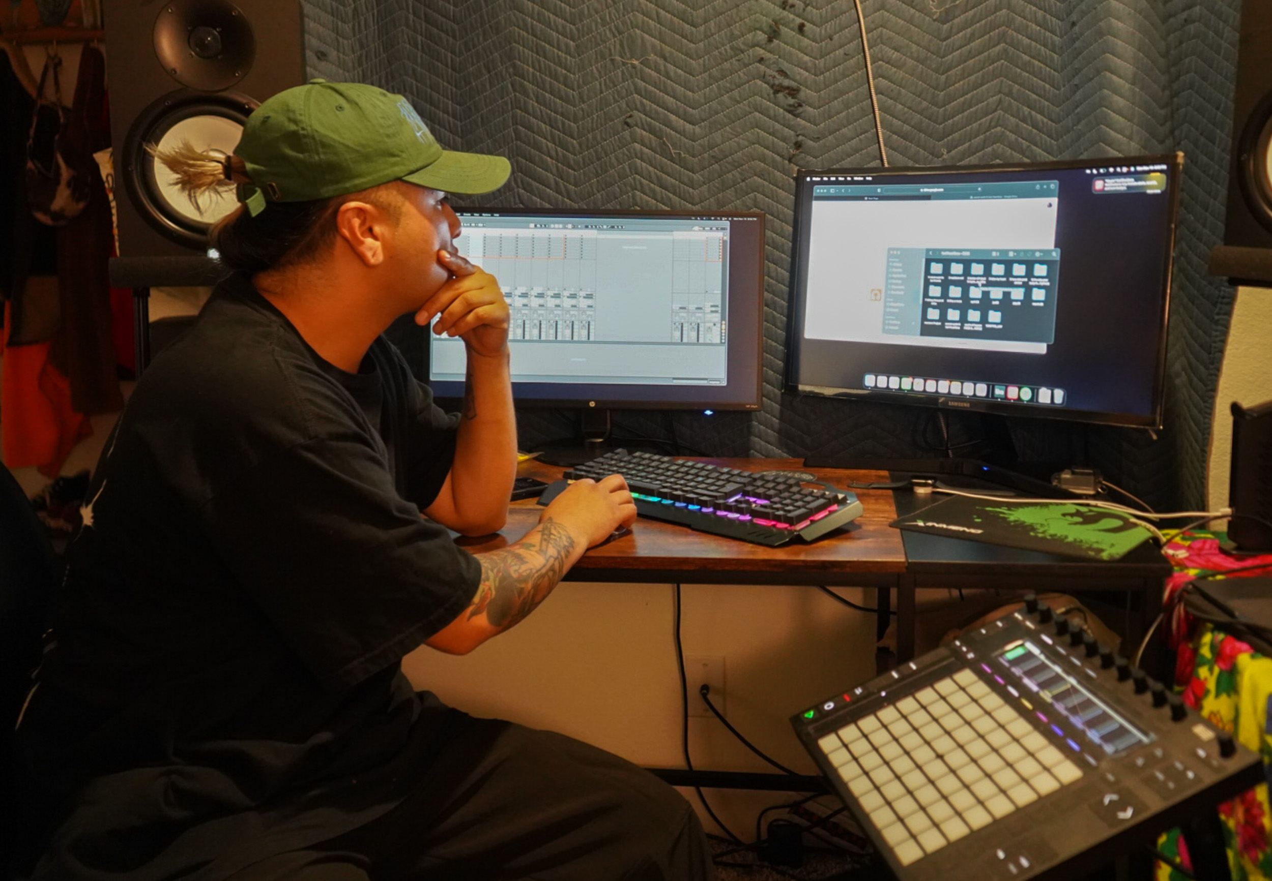 Toni Heartless works on tracks in his living room studio.